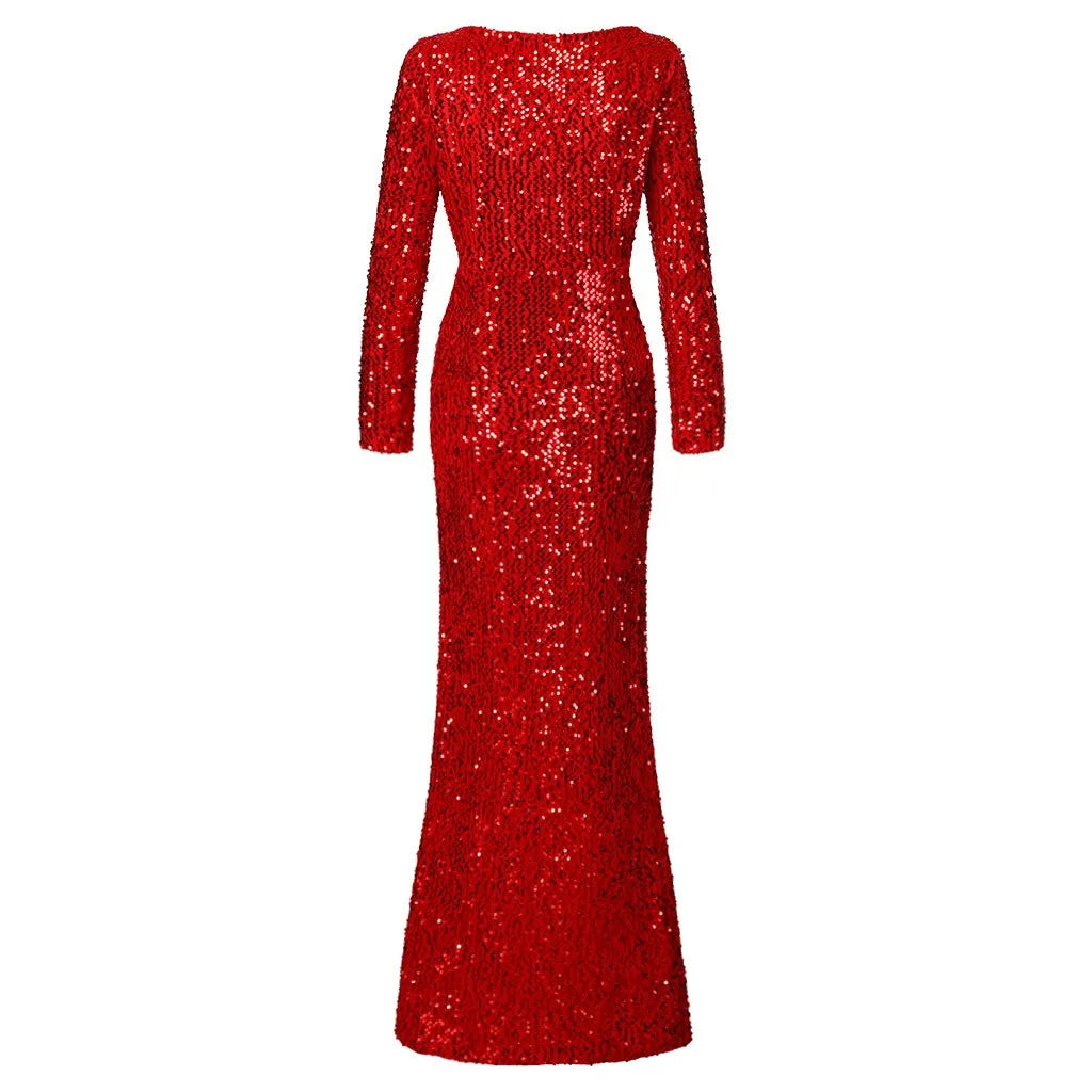 Women's Deep V-Neck Long Sleeve Party Fishtail Sparkling Sequin Dress - integrityhomedecor
