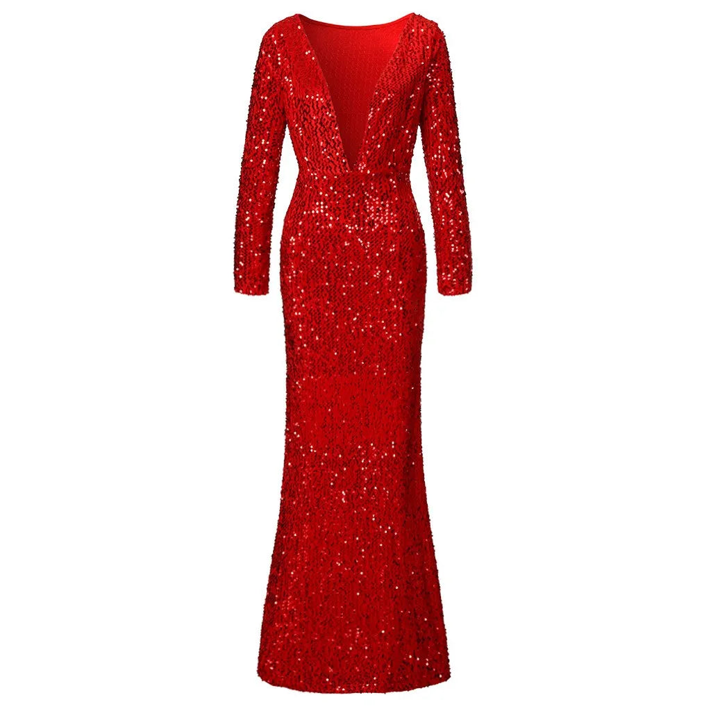 Women's Deep V-Neck Long Sleeve Party Fishtail Sparkling Sequin Dress - integrityhomedecor