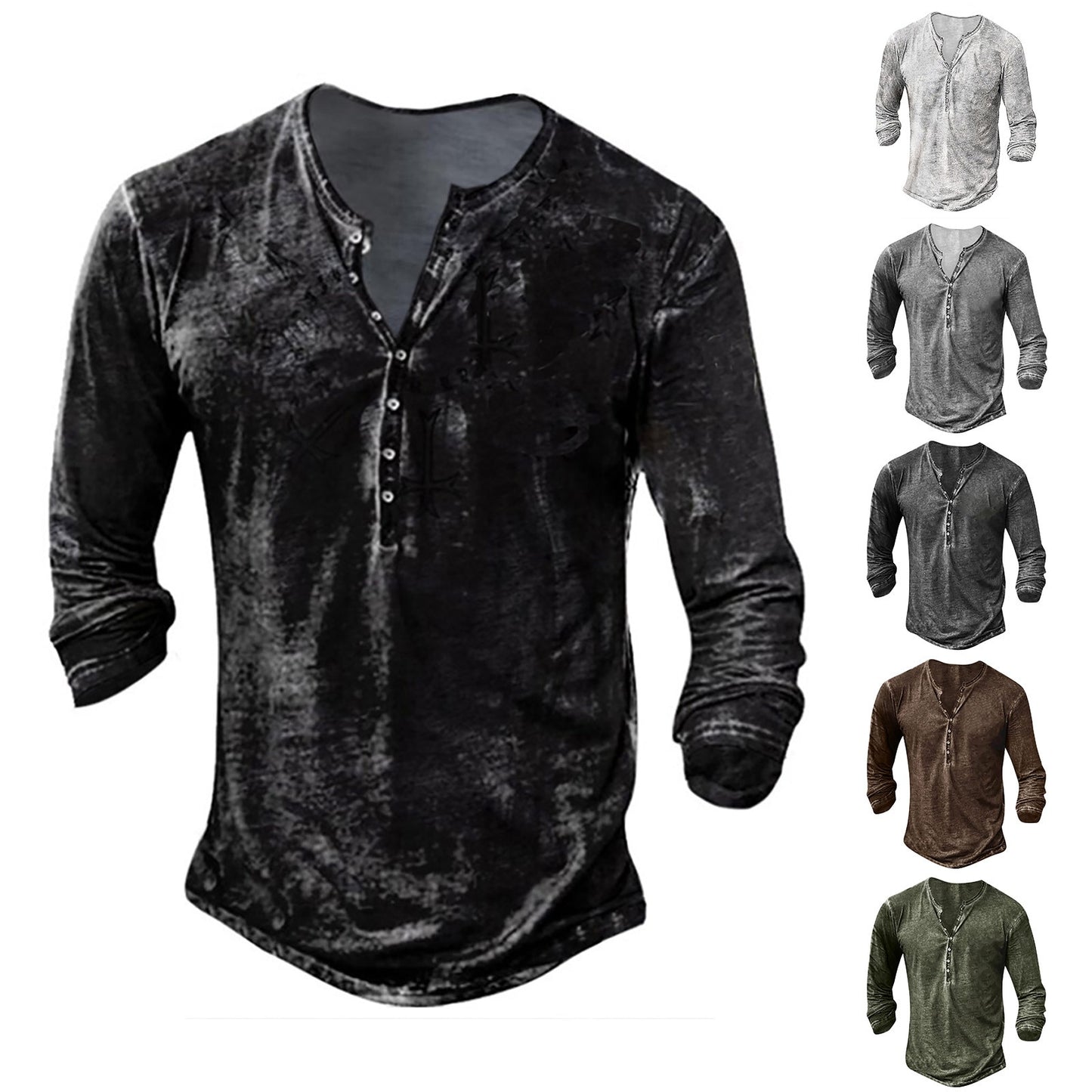 Henley Shirt For Men Button V-neck Vintage print long Sleeve - integrityhomedecor