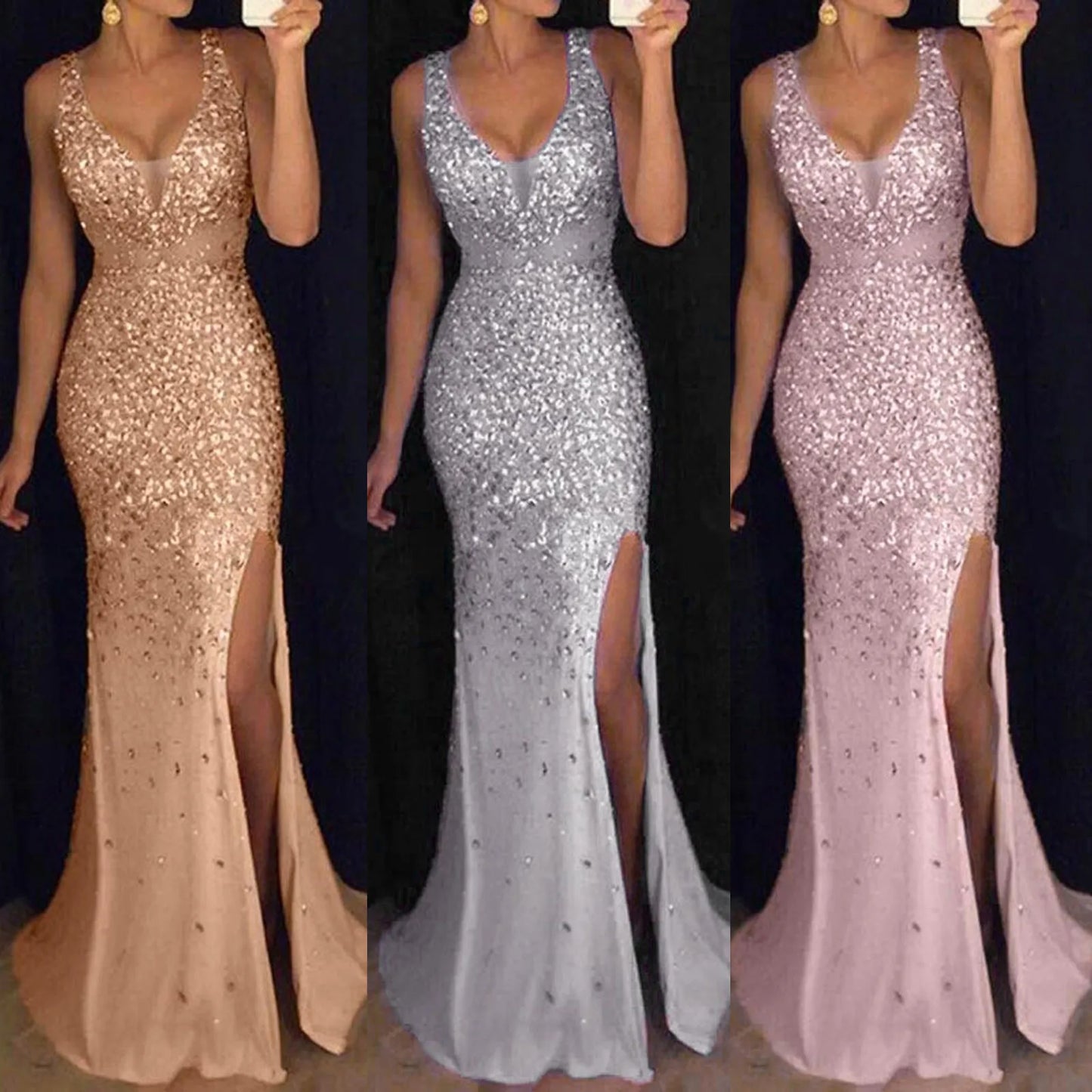 Women Elegant Sequins Long Evening V Neck Split gown - integrityhomedecor