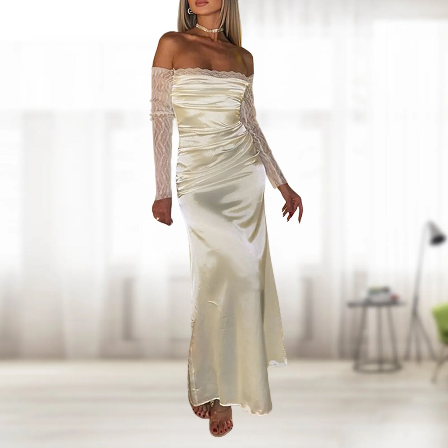 Women Wedding Dress Off Shoulder Ladies Long Sleeve Dress Slash Neck Lace Tunic Dress Spicy Girl Solid Color Party Clothing - integrityhomedecor
