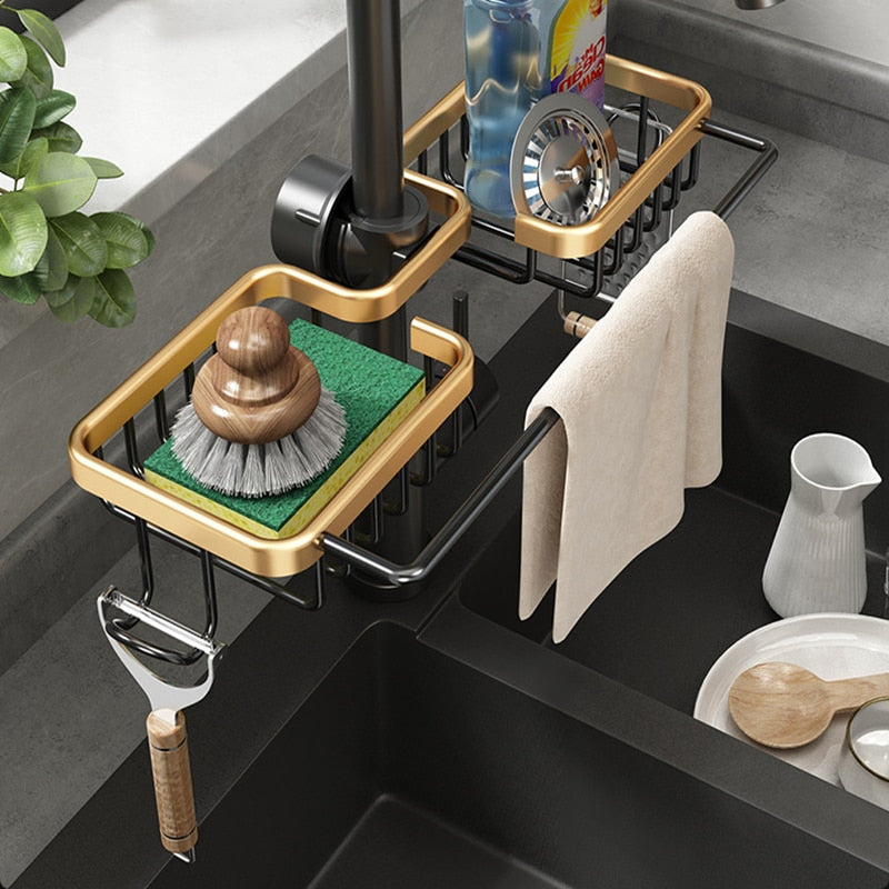 Kitchen Space Aluminum Sink Drain Rack Sponge Storage Faucet Holder Soap Drainer Shelf Basket Organizer Bathroom Accessories - integrityhomedecor