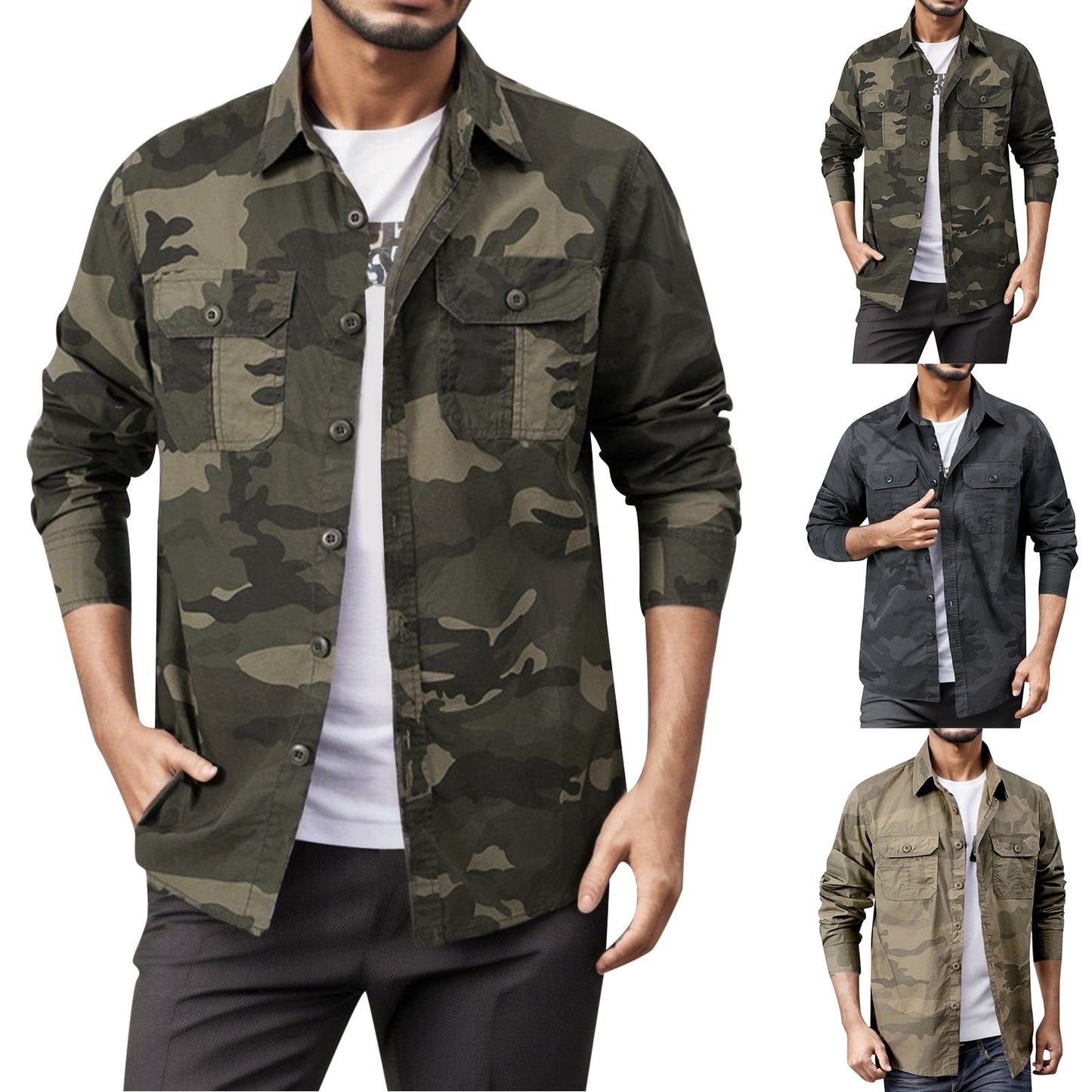 Men Camouflage Shirt Long-Sleeve Button Cargo With Double Pockets - integrityhomedecor
