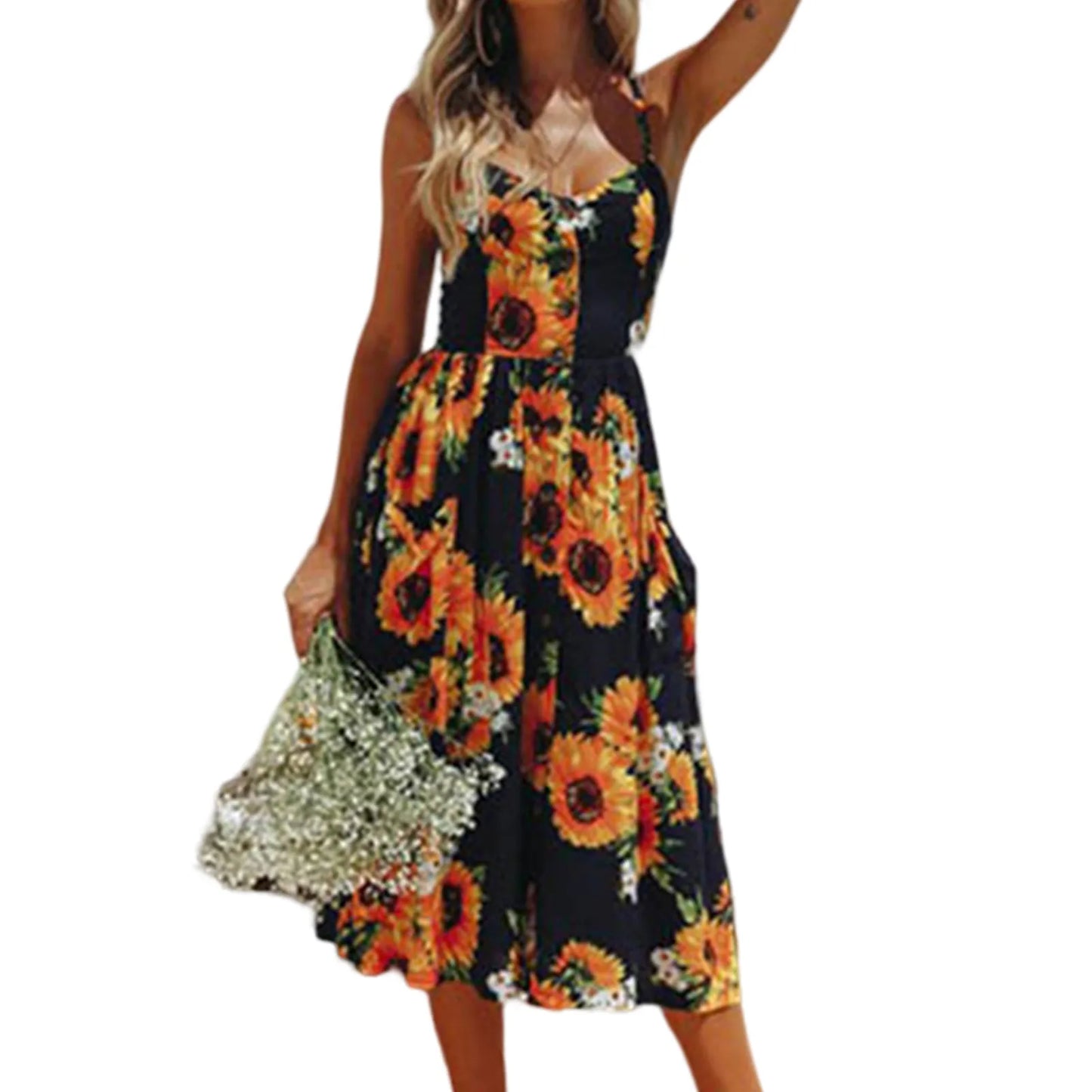 Women's Spaghetti Strap Dress Daisy Printed Single Breasted - integrityhomedecor