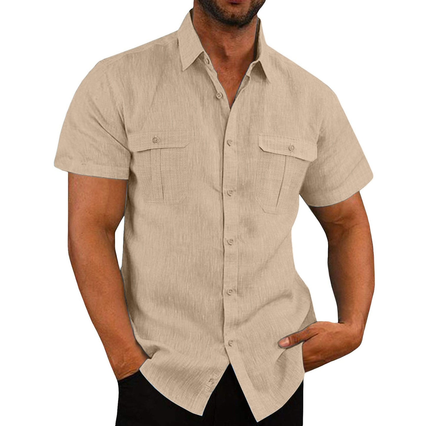 Male Casual Solid Blouse Double Pocket Short Sleeve Turn-Down Collar Shirts Man Tee Fashion Breathable Male Blouse - integrityhomedecor