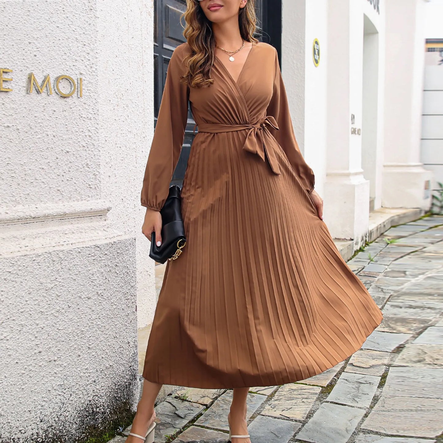 Women's Dress Large Swing Pleated Long Sleeve - integrityhomedecor