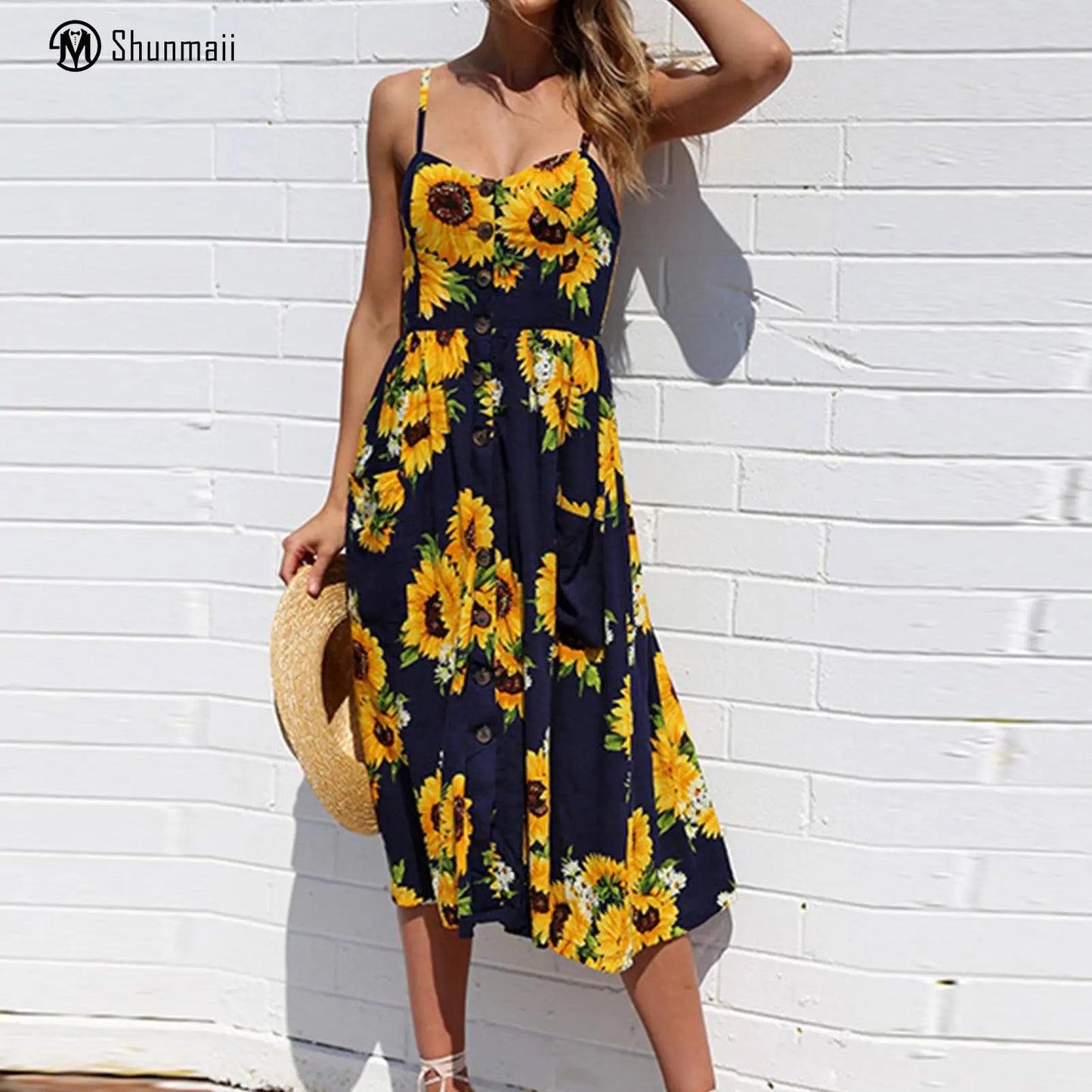 Women's Spaghetti Strap Dress Daisy Printed Single Breasted - integrityhomedecor