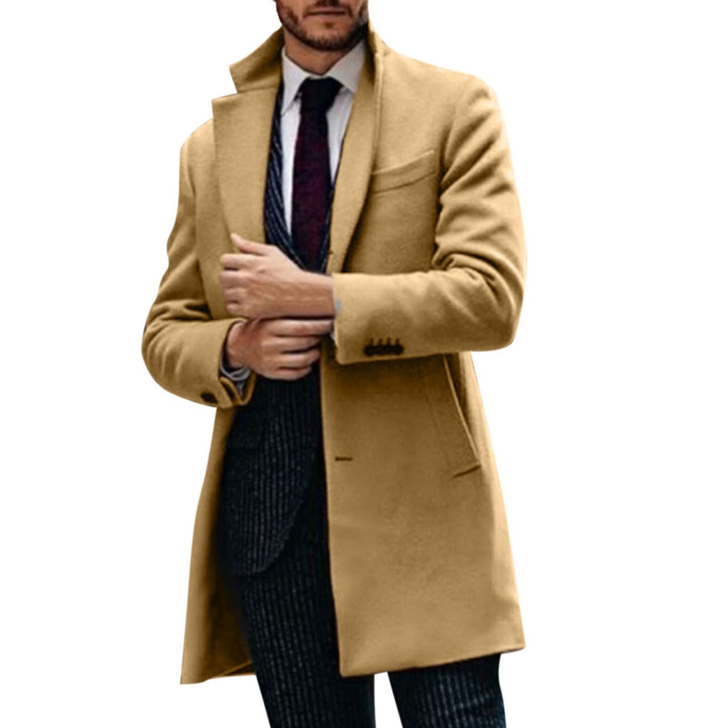 Men's Mid Length Wool Cardigan Fashion Solid Color Loose Jacket Fit Button Business Coat - integrityhomedecor
