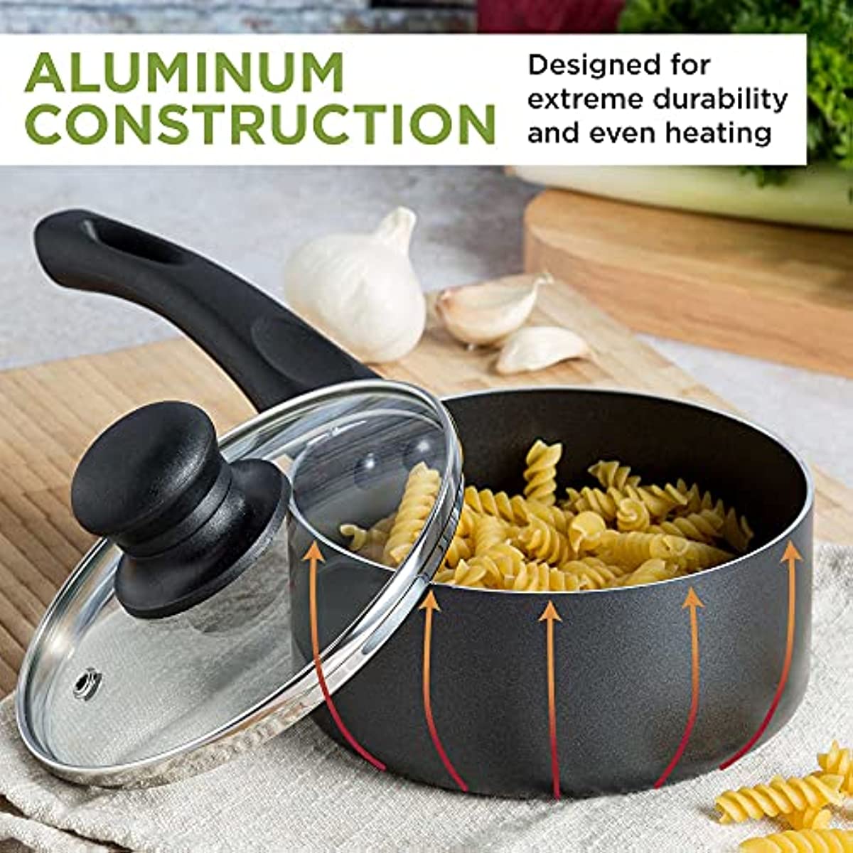 Nonstick Cookware Set Features Bamboo Cooking Utensils Vented Glass Lids 20-Piece - integrityhomedecor