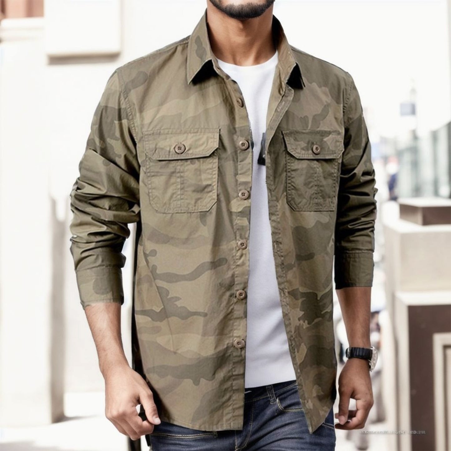 Men Camouflage Shirt Long-Sleeve Button Cargo With Double Pockets - integrityhomedecor