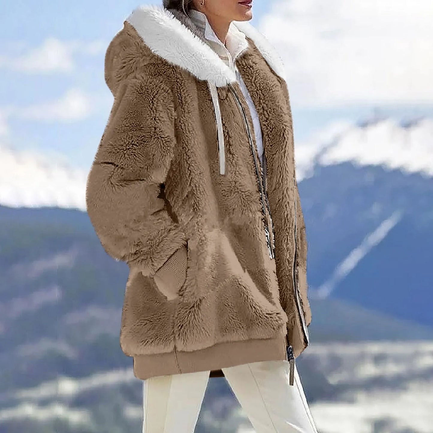 Jacket for Women Plush Pocket Hooded Streetwear - integrityhomedecor