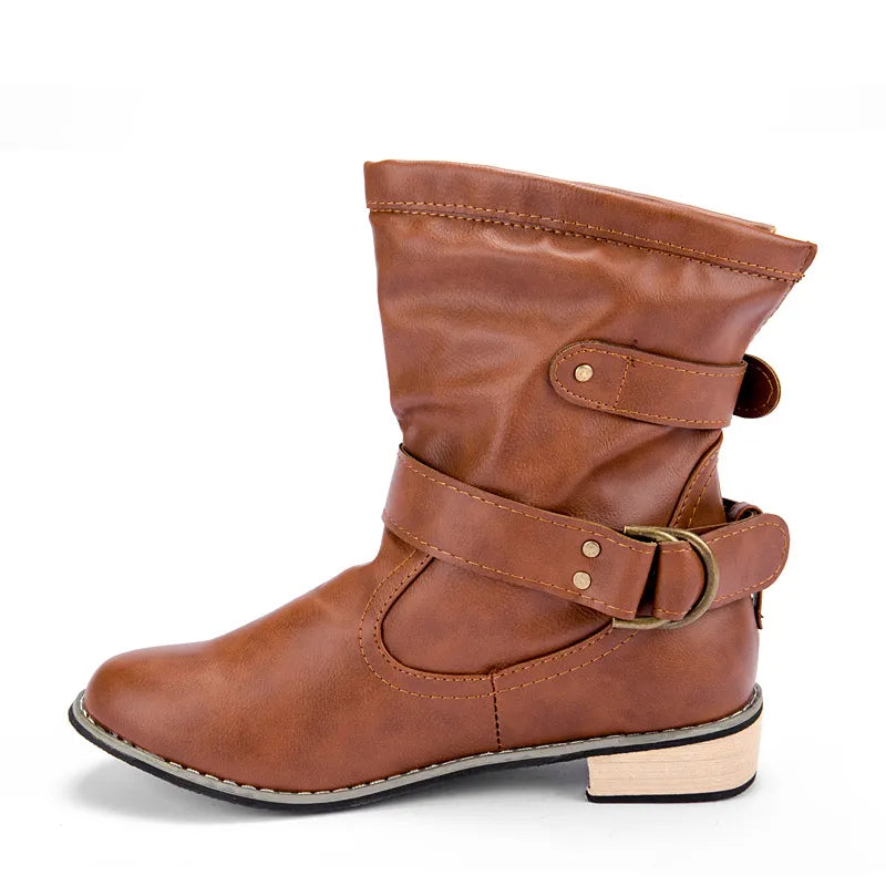Women's Motorcycle Buckle Leather Boot - integrityhomedecor