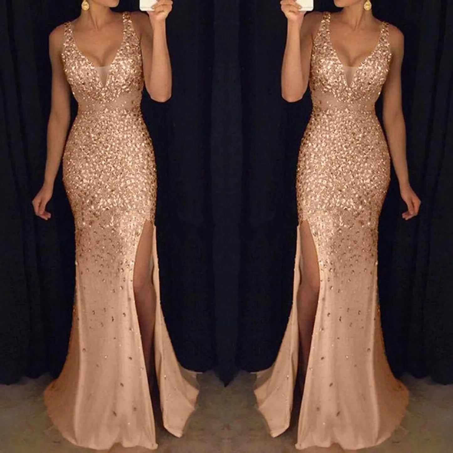 Women Elegant Sequins Long Evening V Neck Split gown - integrityhomedecor