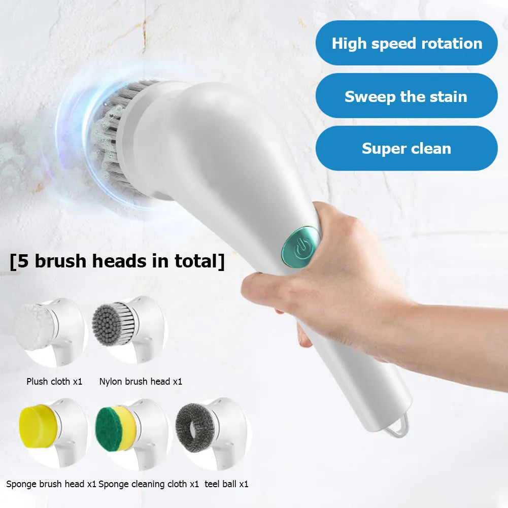 5pcs Electric Cleaning Brush Waterproof Handheld Scrubber Bathroom