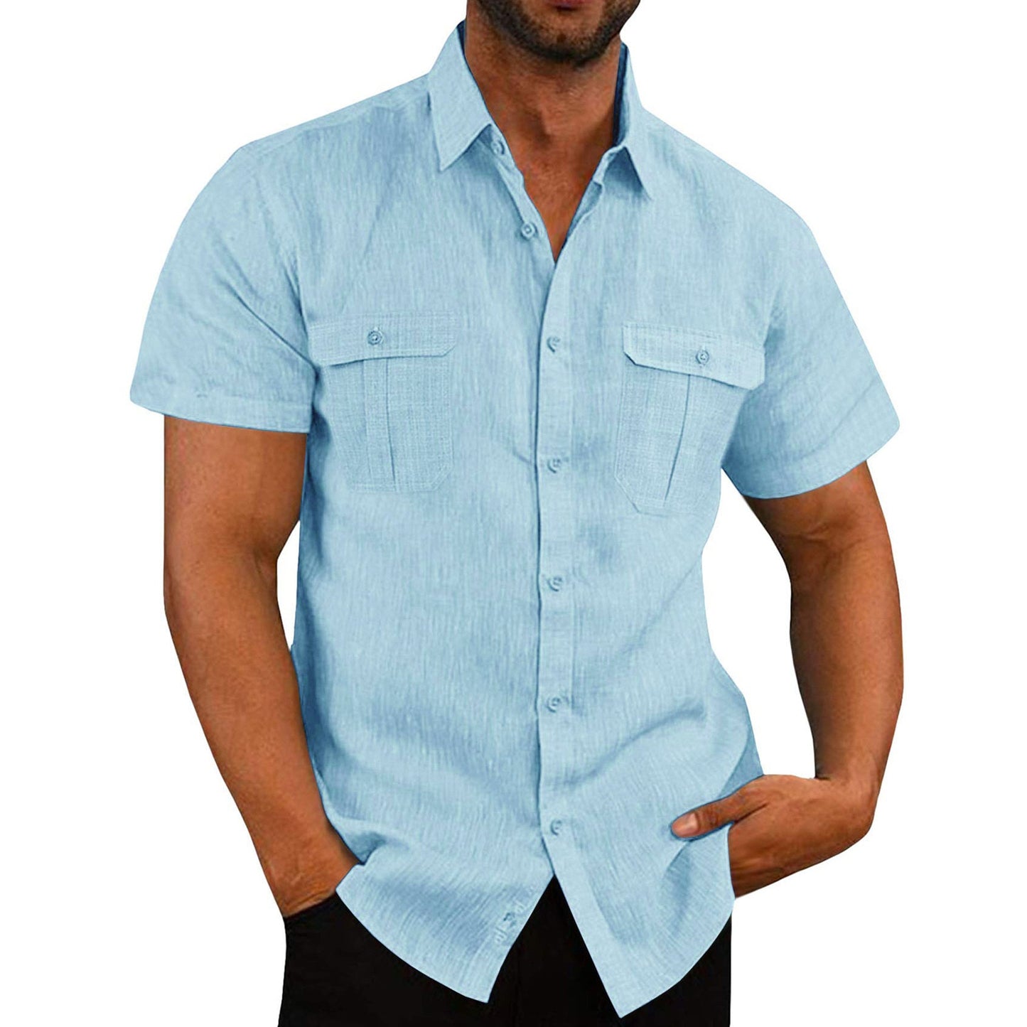 Male Casual Solid Blouse Double Pocket Short Sleeve Turn-Down Collar Shirts Man Tee Fashion Breathable Male Blouse - integrityhomedecor