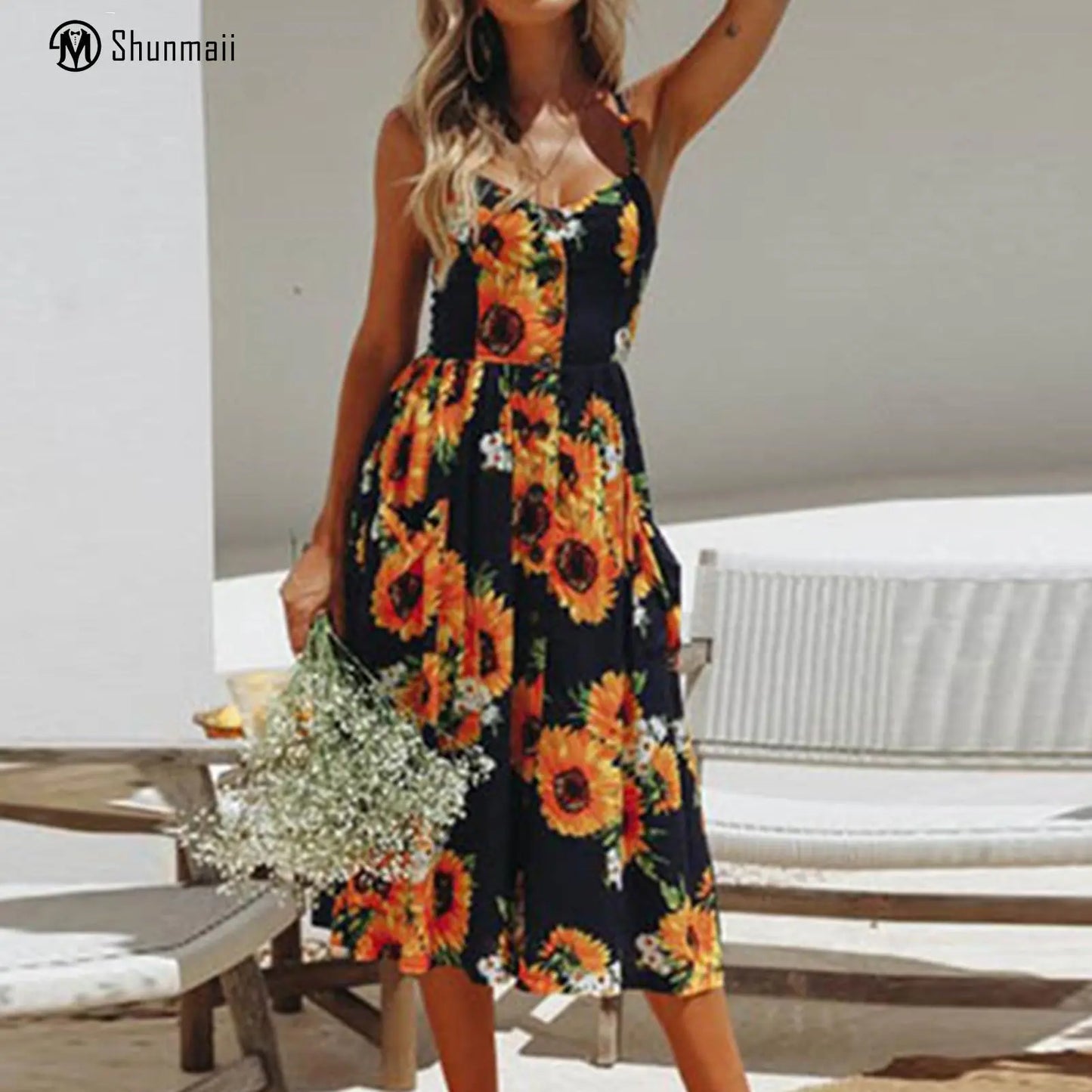 Women's Spaghetti Strap Dress Daisy Printed Single Breasted - integrityhomedecor