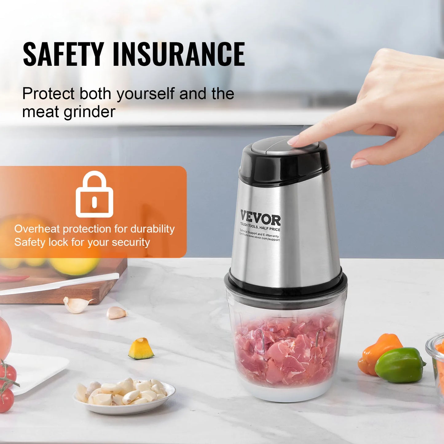 Electric Meat Grinder with 4-Wing Stainless Steel Blades 2.5 Cup Glass Bowl