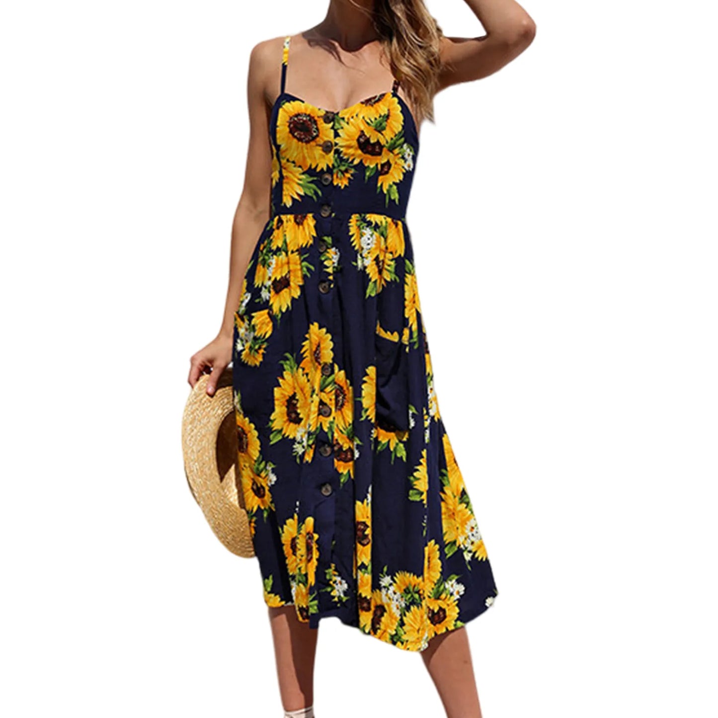 Women's Spaghetti Strap Dress Daisy Printed Single Breasted - integrityhomedecor