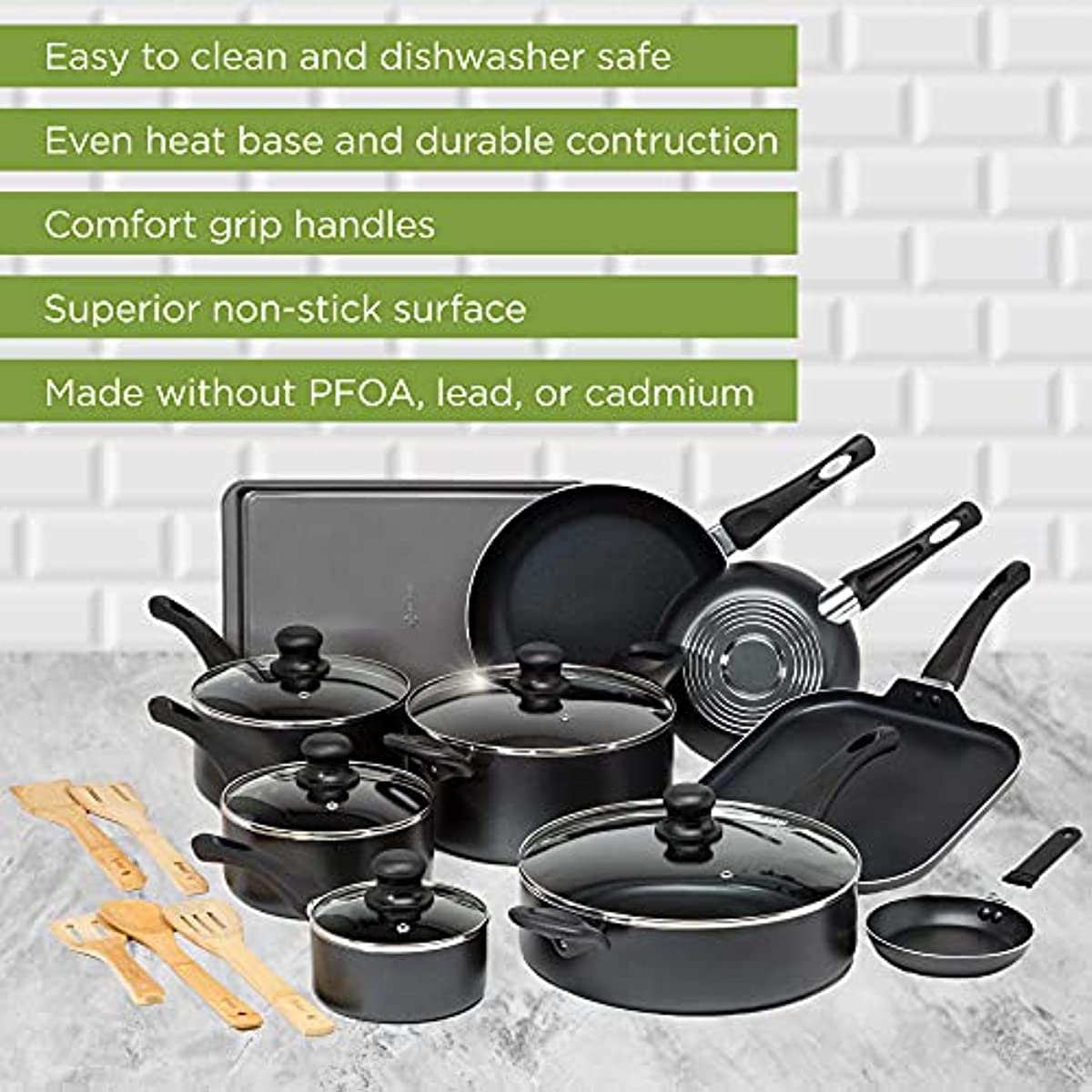 Nonstick Cookware Set Features Bamboo Cooking Utensils Vented Glass Lids 20-Piece - integrityhomedecor