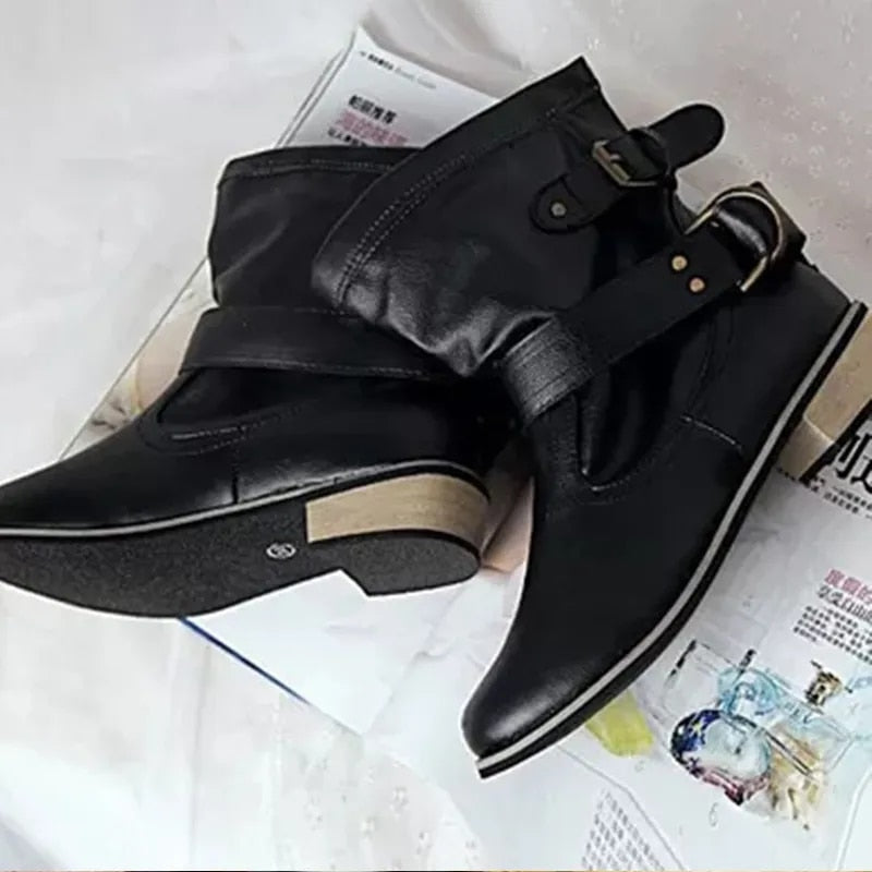Women's Motorcycle Buckle Leather Boot - integrityhomedecor