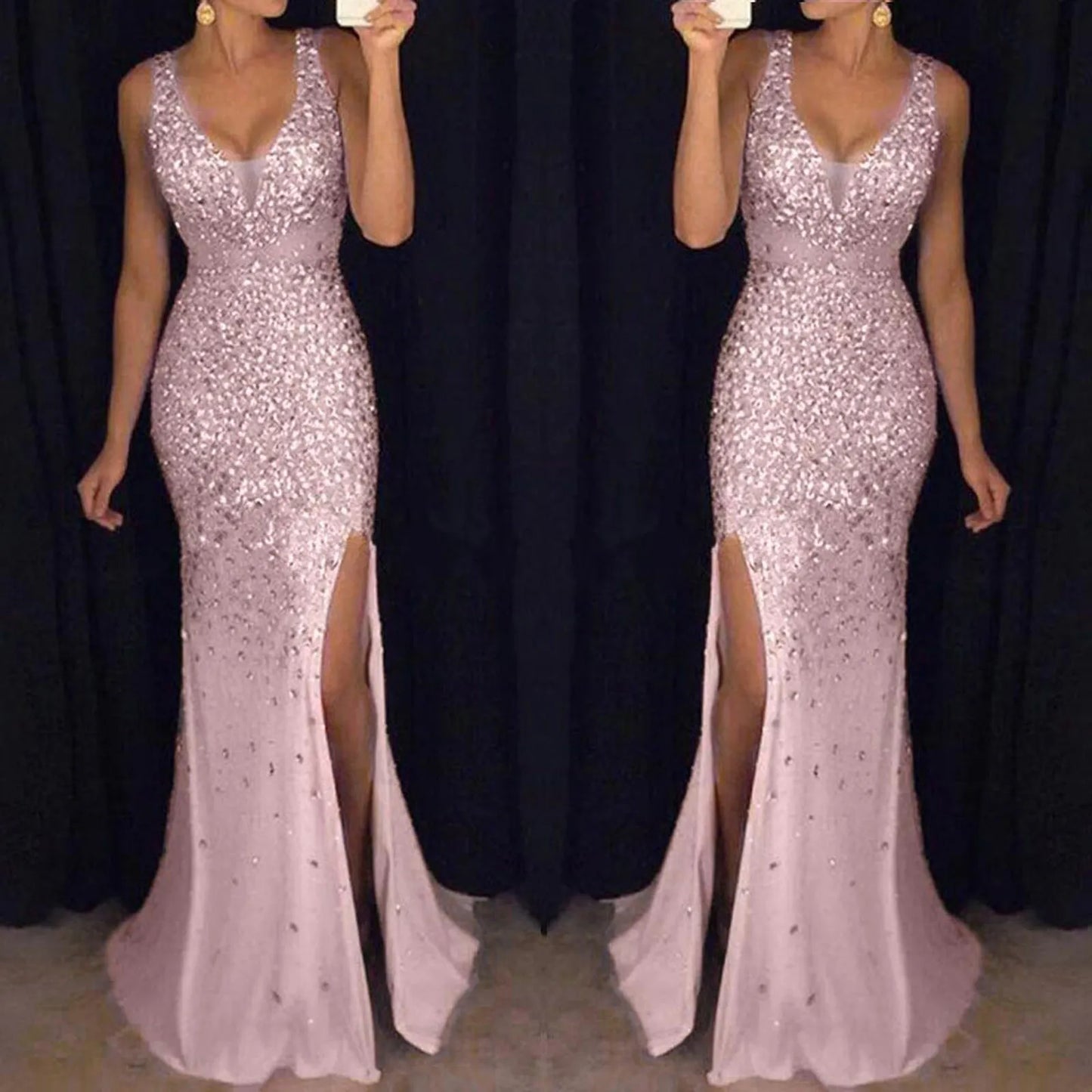 Women Elegant Sequins Long Evening V Neck Split gown - integrityhomedecor