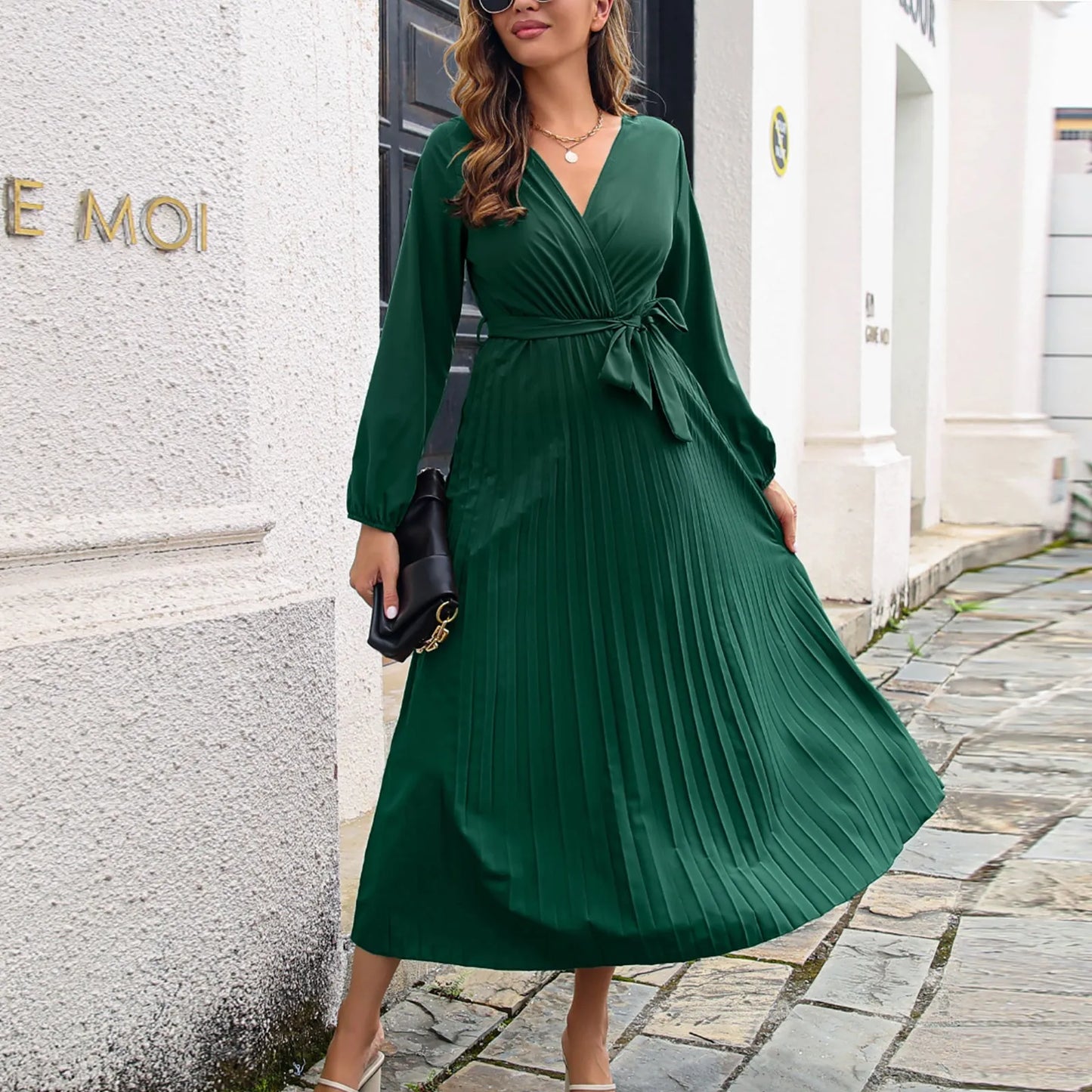 Women's Dress Large Swing Pleated Long Sleeve - integrityhomedecor