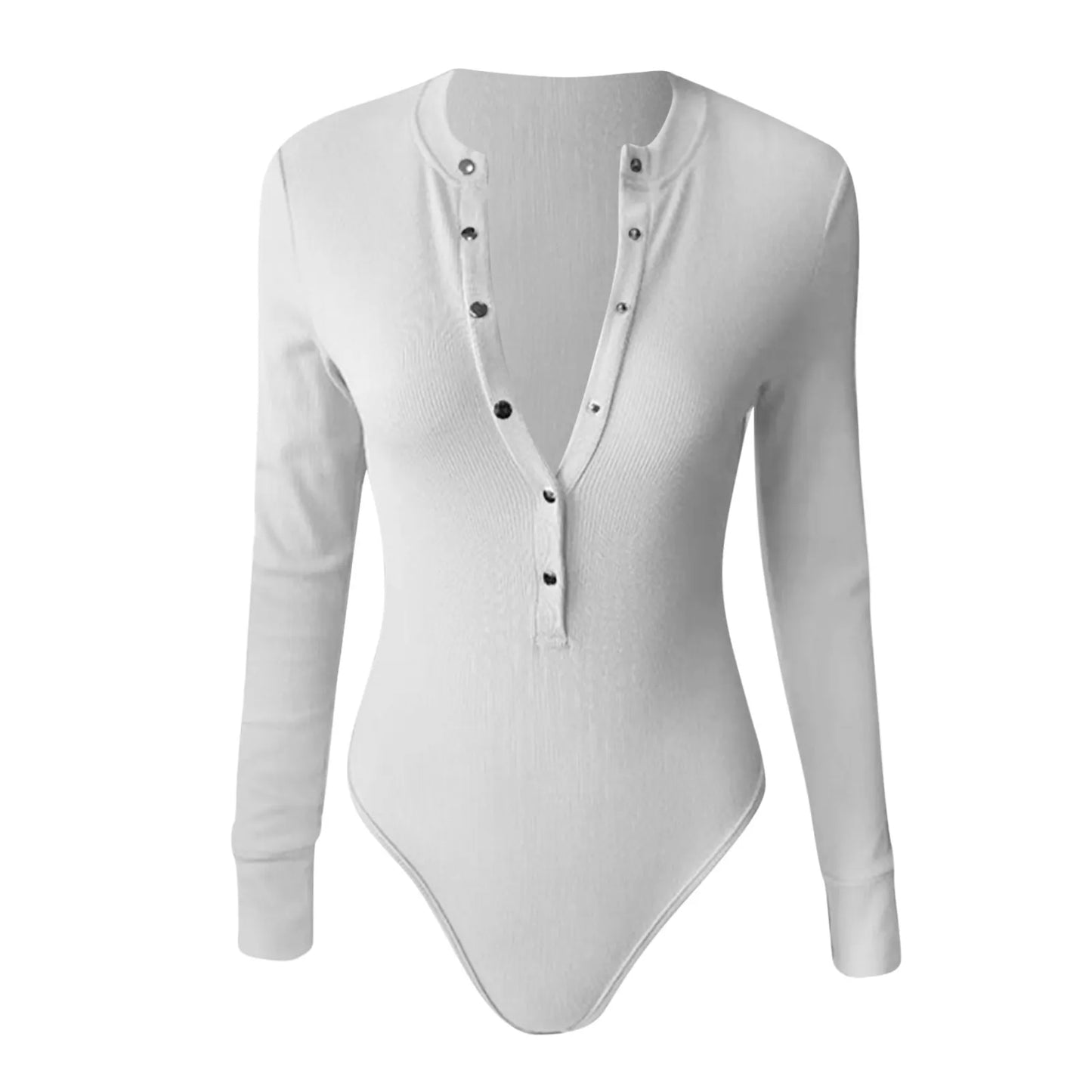 Long Sleeve Sexy Bodysuit Button V Neck Breathable - integrityhomedecor