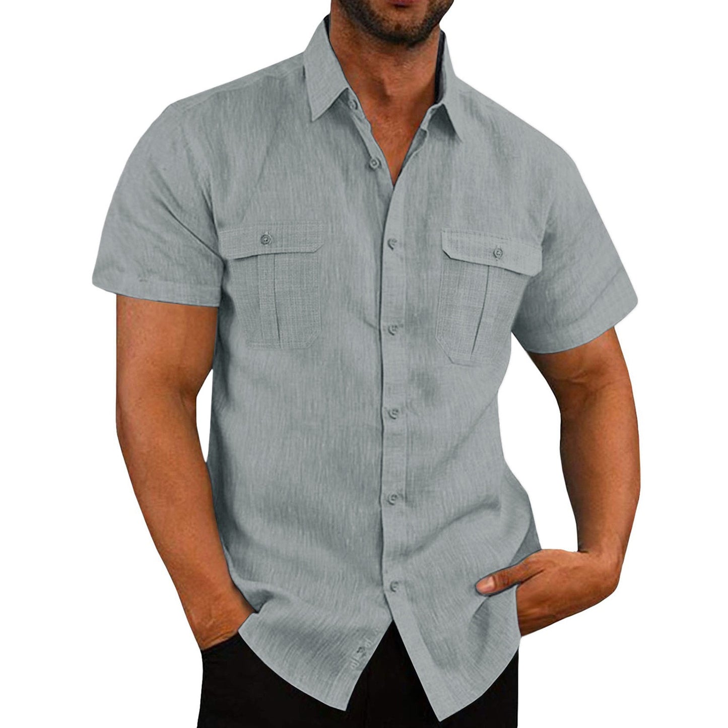 Male Casual Solid Blouse Double Pocket Short Sleeve Turn-Down Collar Shirts Man Tee Fashion Breathable Male Blouse - integrityhomedecor