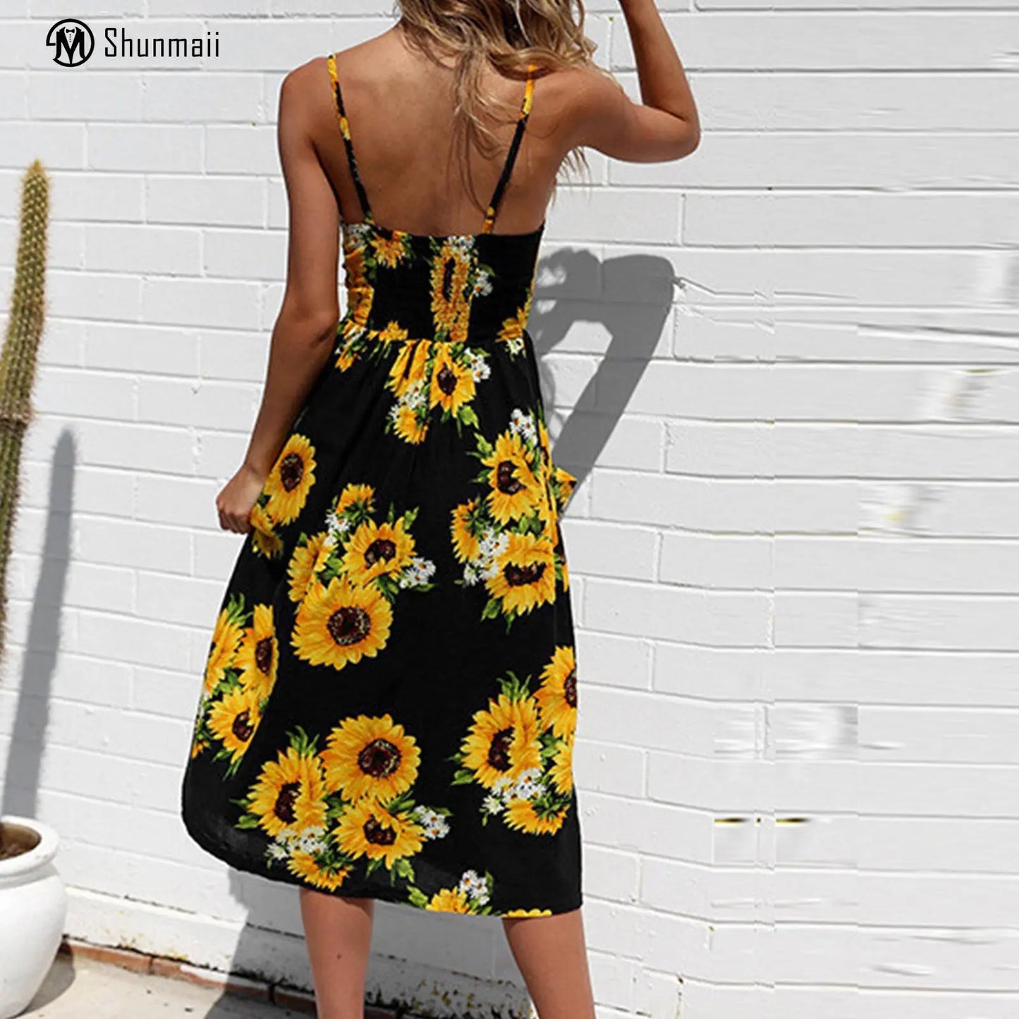 Women's Spaghetti Strap Dress Daisy Printed Single Breasted - integrityhomedecor