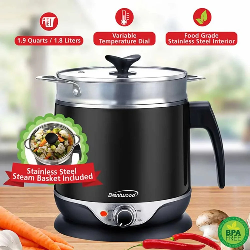 Stainless Steel 1.9 Quart Cordless Electric Hot Pot Cooker and Food Steamer in Black