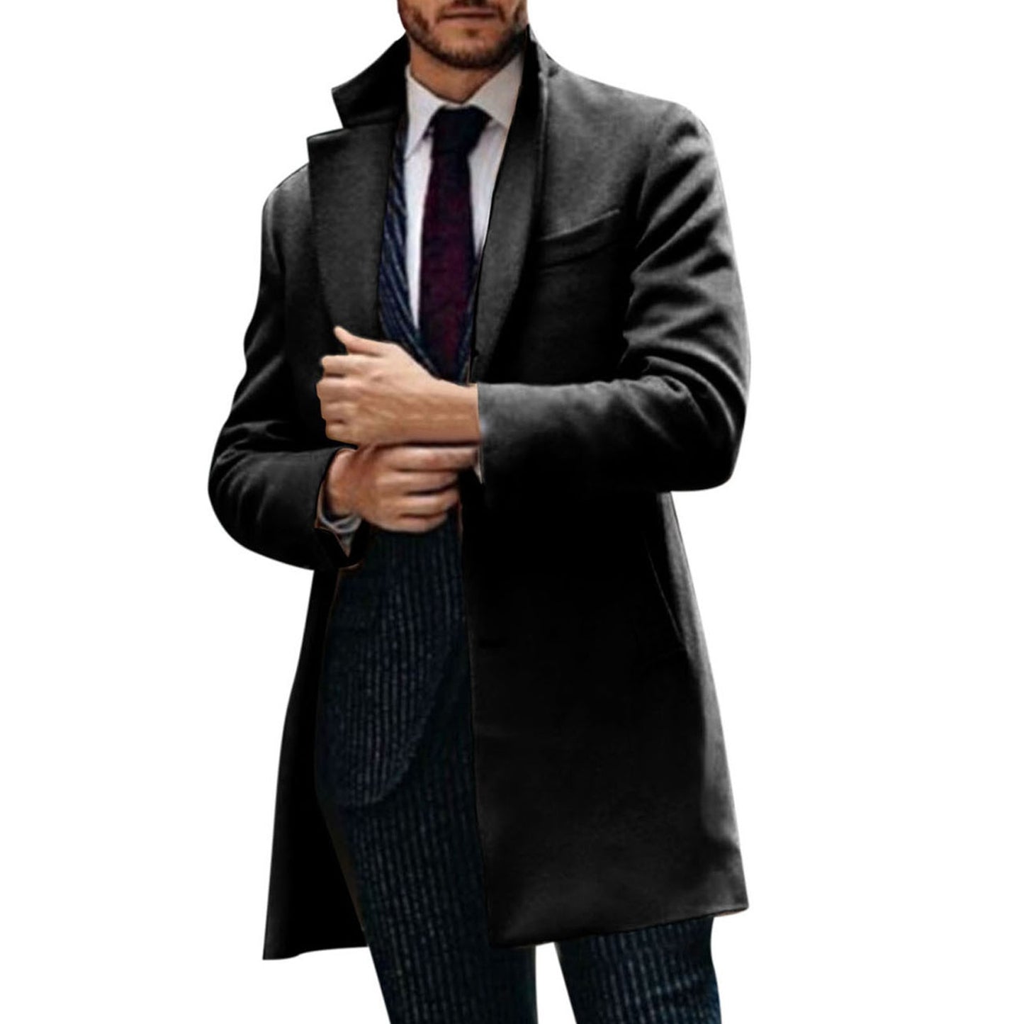 Men's Mid Length Wool Cardigan Fashion Solid Color Loose Jacket Fit Button Business Coat - integrityhomedecor