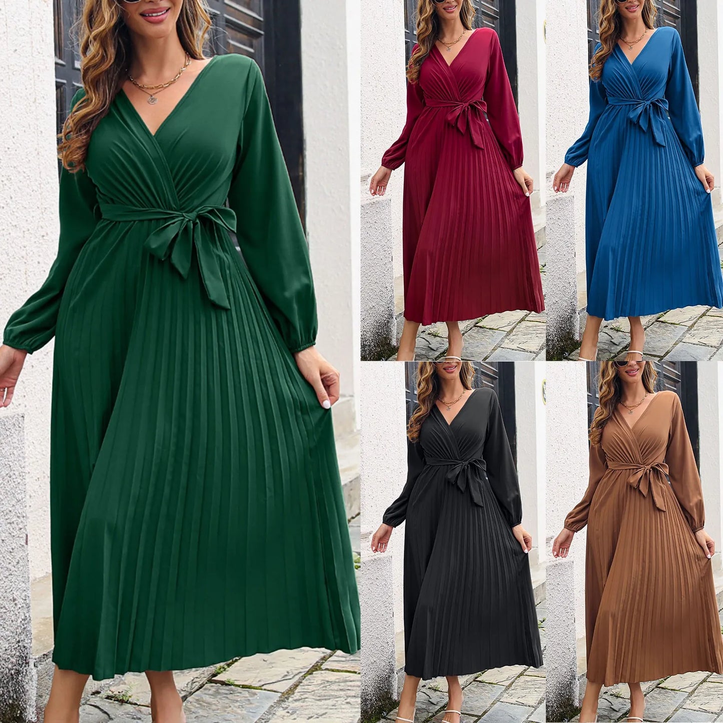 Women's Dress Large Swing Pleated Long Sleeve - integrityhomedecor