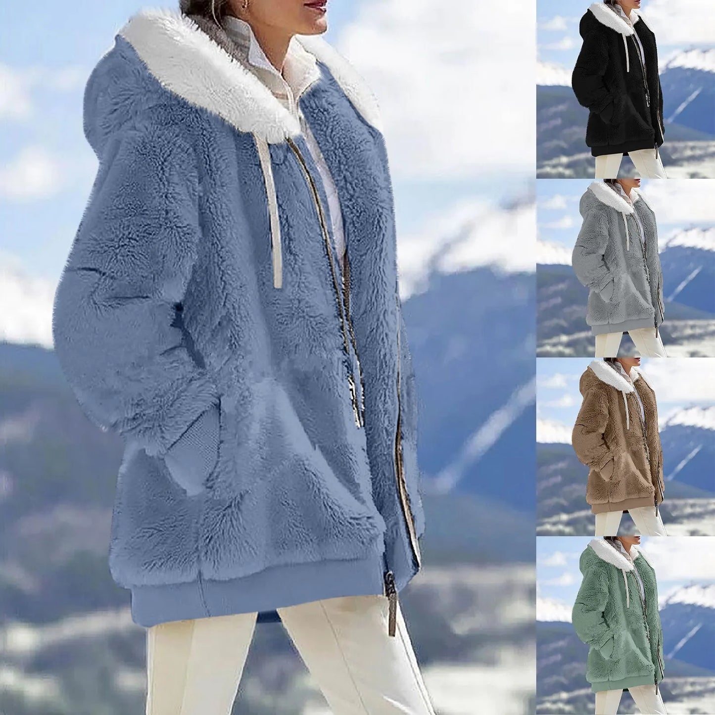 Jacket for Women Plush Pocket Hooded Streetwear - integrityhomedecor