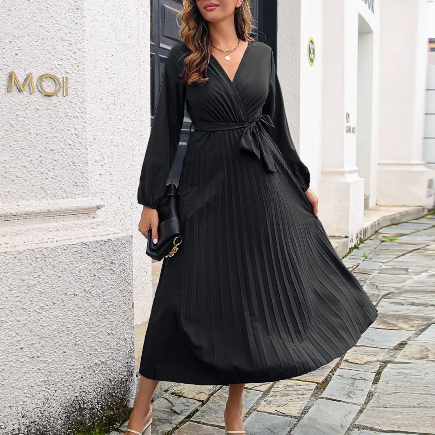 Women's Dress Large Swing Pleated Long Sleeve - integrityhomedecor