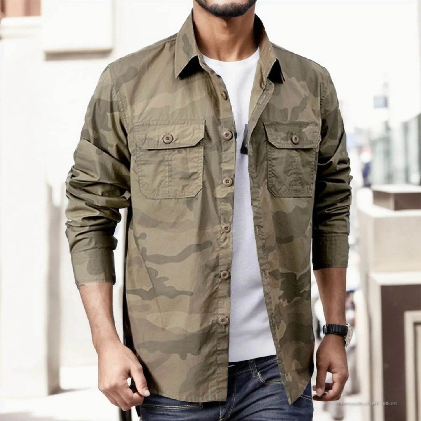Men Camouflage Shirt Long-Sleeve Button Cargo With Double Pockets - integrityhomedecor