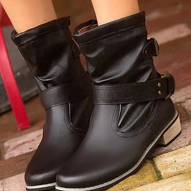 Women's Motorcycle Buckle Leather Boot - integrityhomedecor