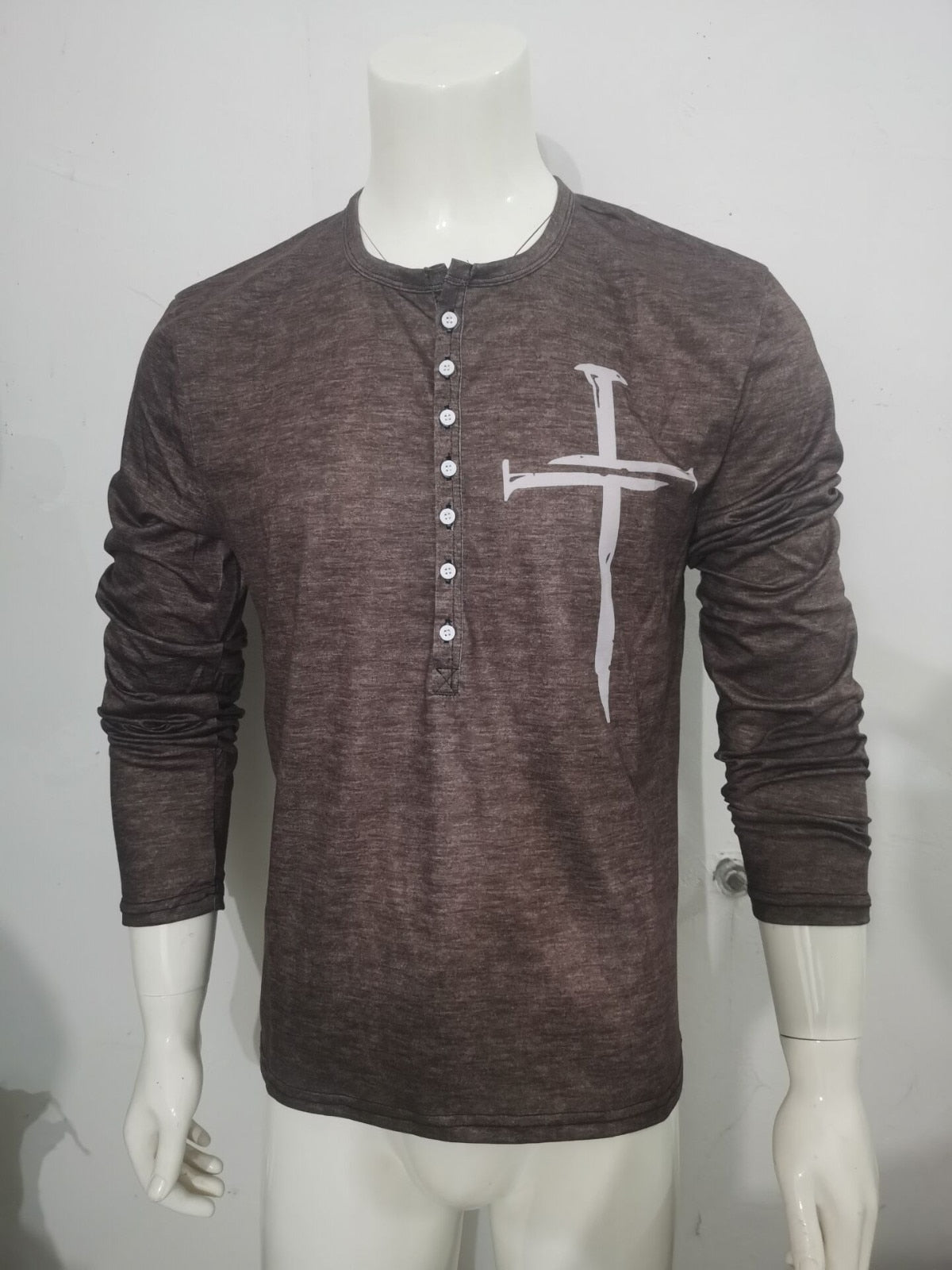 Henley Shirt For Men Button V-neck Vintage print long Sleeve - integrityhomedecor
