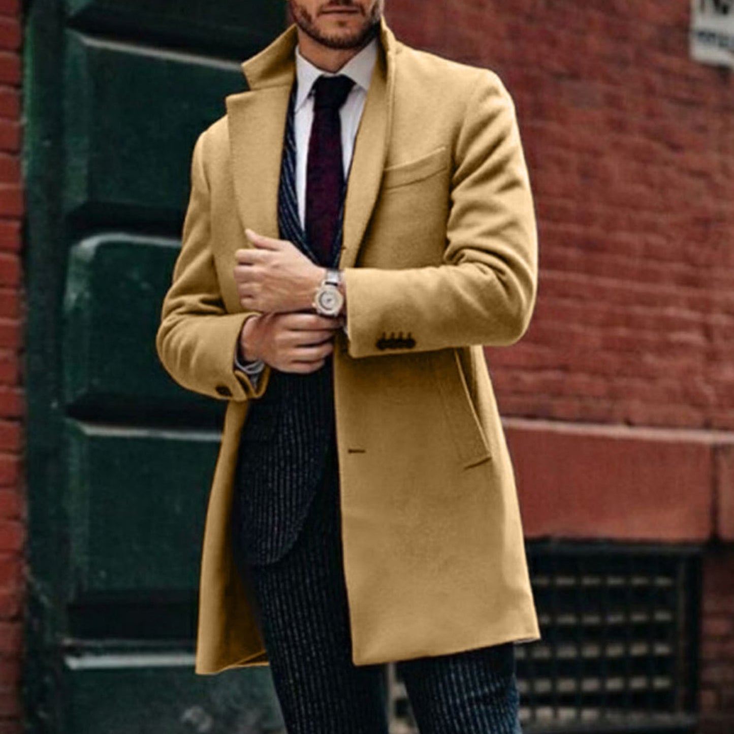 Men's Mid Length Wool Cardigan Fashion Solid Color Loose Jacket Fit Button Business Coat - integrityhomedecor