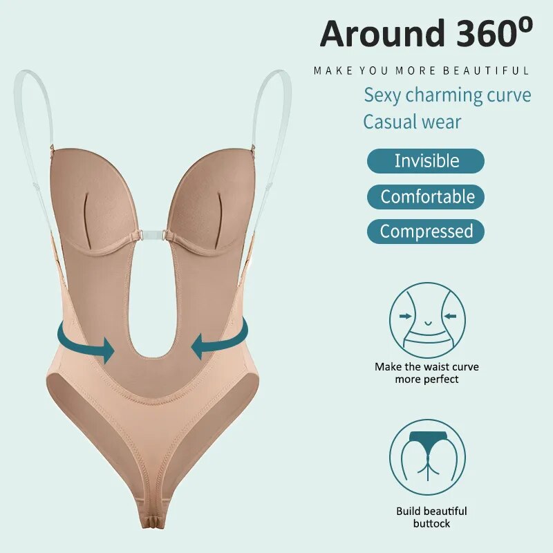 Invisible Shaper Bra Corset Backless V-Neck U Plunge Clear Strap