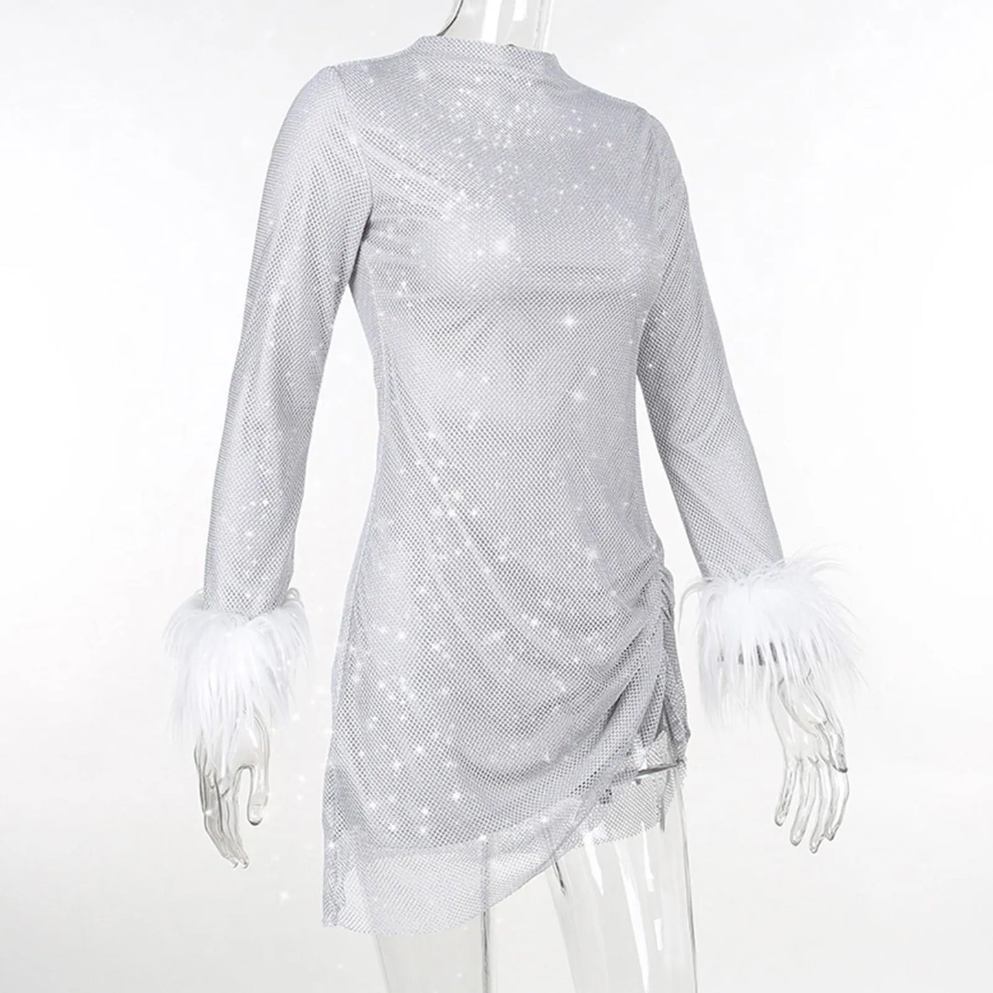 Women Glitter Mesh Feather Sequin Short Dress Long Sleeve - integrityhomedecor