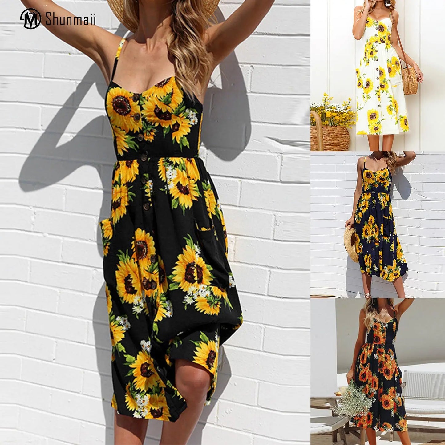 Women's Spaghetti Strap Dress Daisy Printed Single Breasted - integrityhomedecor
