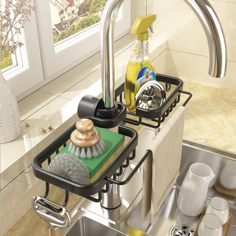 Kitchen Space Aluminum Sink Drain Rack Sponge Storage Faucet Holder Soap Drainer Shelf Basket Organizer Bathroom Accessories - integrityhomedecor