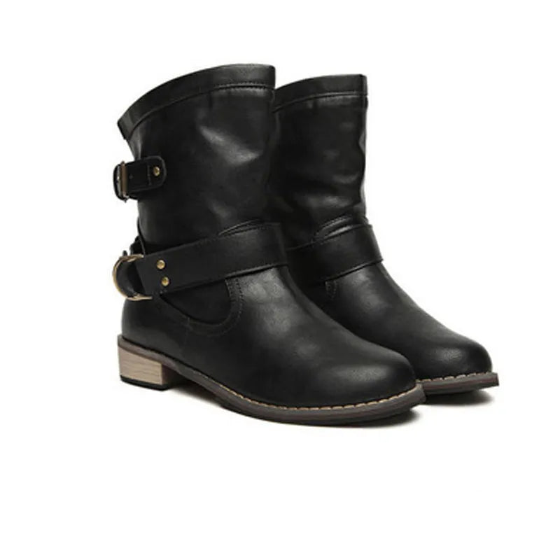 Women's Motorcycle Buckle Leather Boot - integrityhomedecor