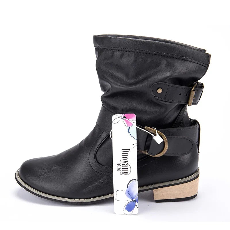 Women's Motorcycle Buckle Leather Boot - integrityhomedecor