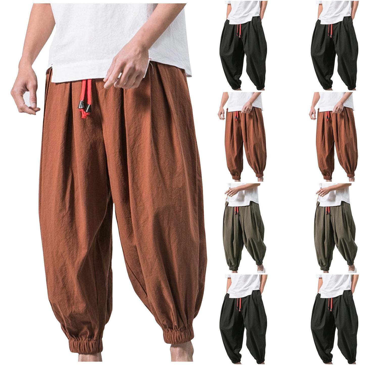 Men's trousers Japanese Cotton Linen Cropped Pants Loose Wide-Legged - integrityhomedecor