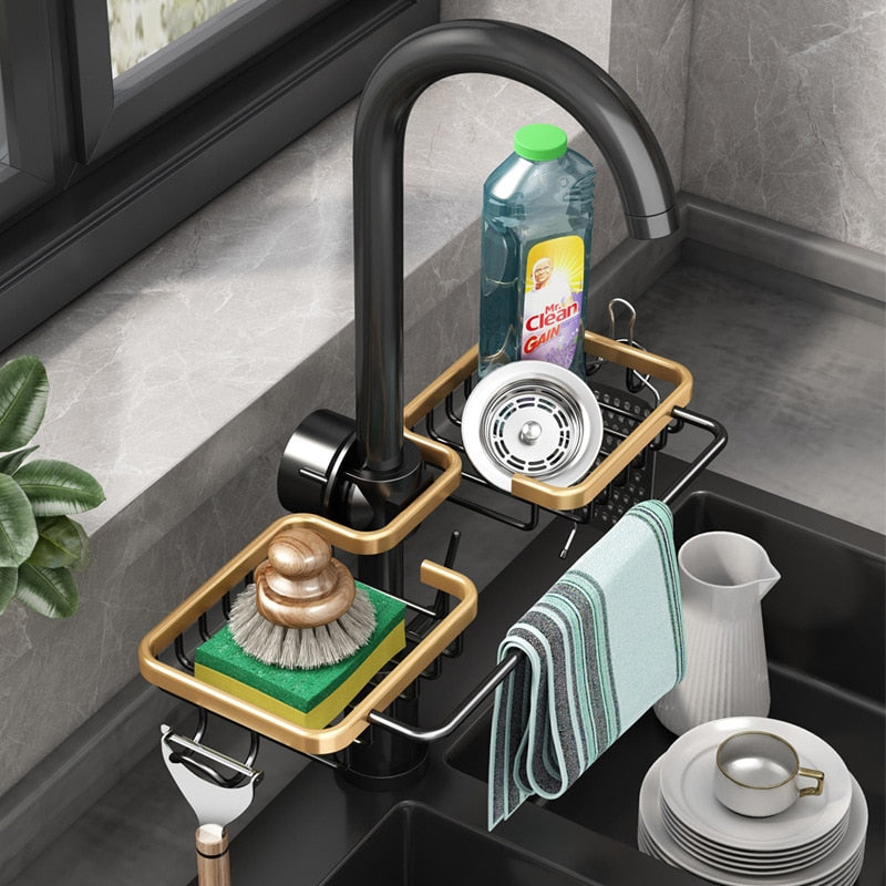 Kitchen Space Aluminum Sink Drain Rack Sponge Storage Faucet Holder Soap Drainer Shelf Basket Organizer Bathroom Accessories - integrityhomedecor