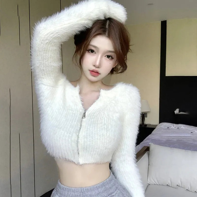 Women's Sweater Knitted Cardigan Short Style Zipper