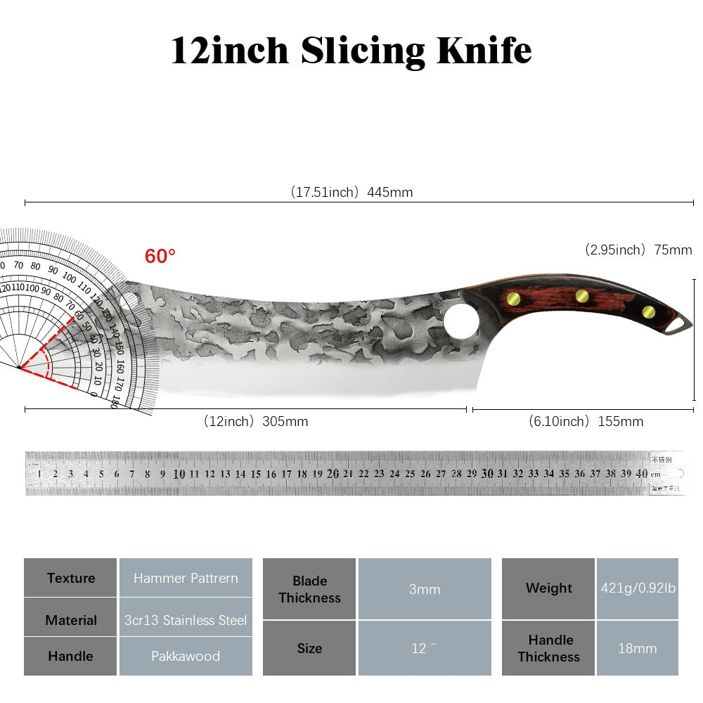 Sowoll Kitchen Knife High Carbon Steel 12 Inch Long Chef Knife Forged Vegetable Cooking Cleaver Cutting Slicer Meat Knife Tool - integrityhomedecor