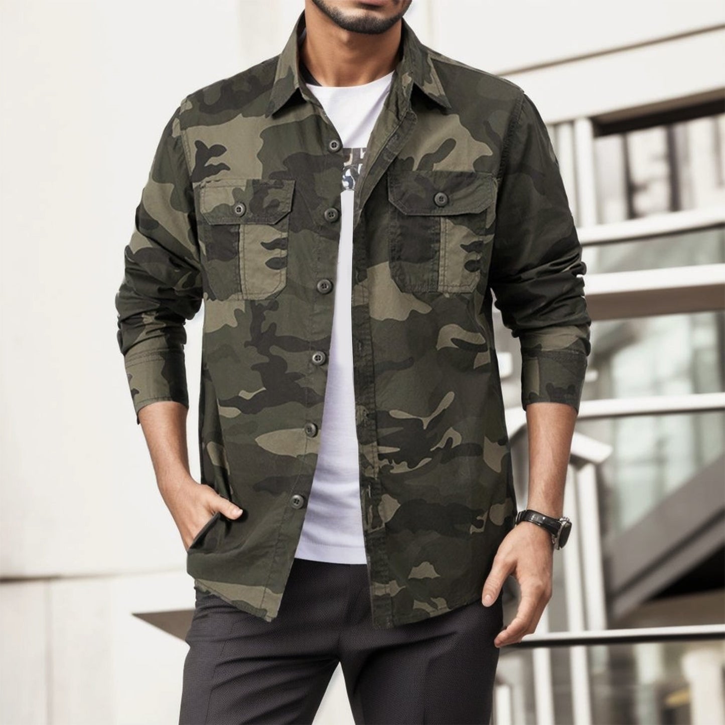 Men Camouflage Shirt Long-Sleeve Button Cargo With Double Pockets - integrityhomedecor