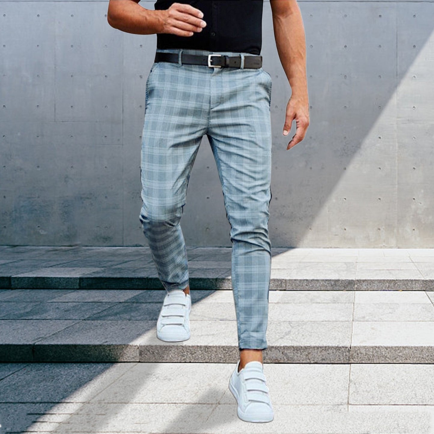 Men Clothing Leisure Pants New Fashion Blue Plaid Casual Trousers Pencil Pants For Men - integrityhomedecor